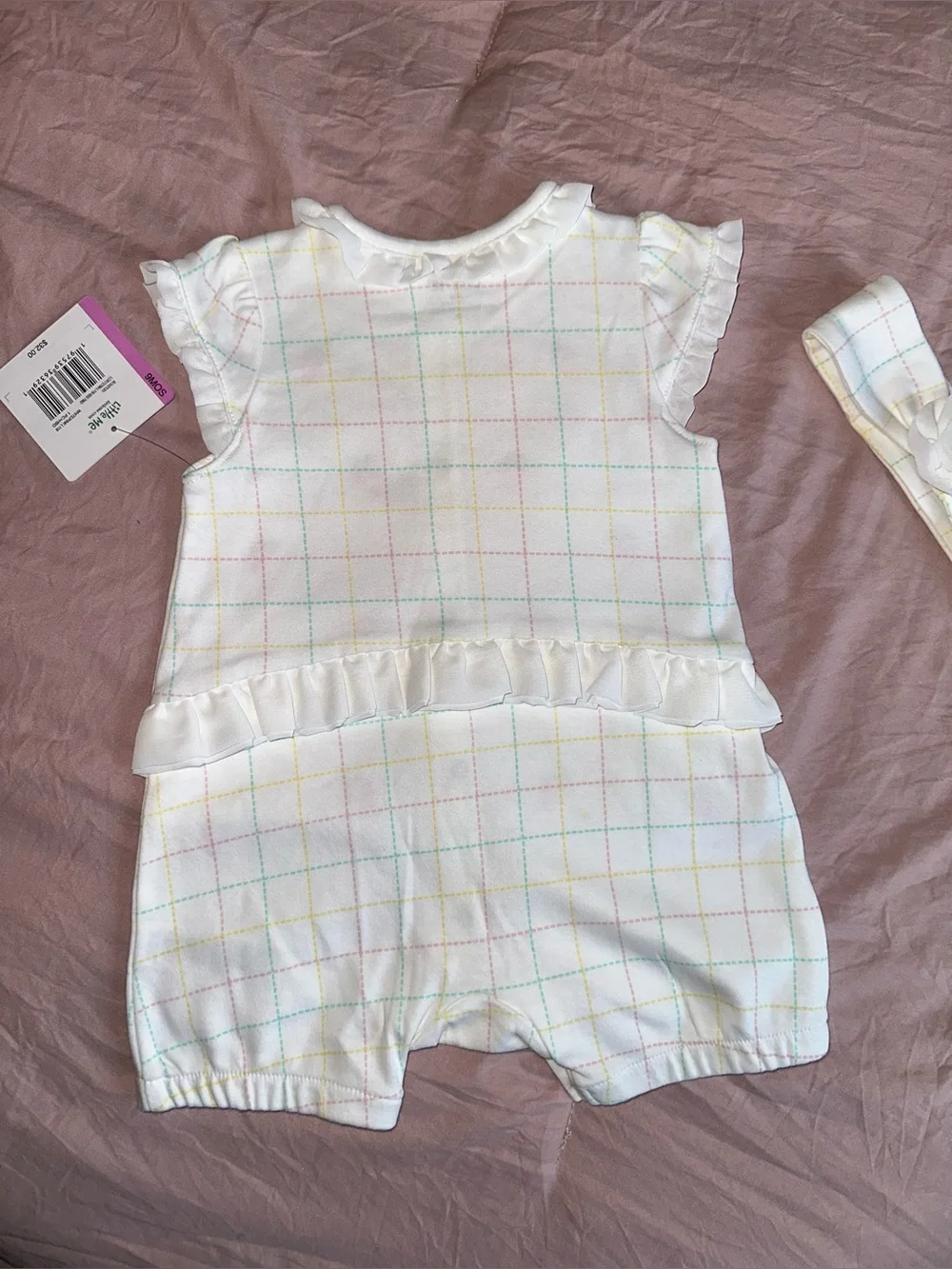 Little Me - White Strawberry Grid Baby One-Piece with Headband